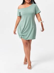 SHEIN Unity Đầm Plus Size xoắn lại màu trơn Giải trí - Màu xanh Bạc hà - Xem 4