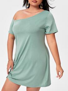 SHEIN Unity Đầm Plus Size xoắn lại màu trơn Giải trí - Màu xanh Bạc hà - Xem 5