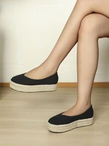 Minimalist Canvas Espadrille Flatform Shoes - Black - View 1