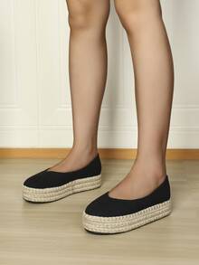 Minimalist Canvas Espadrille Flatform Shoes - Black - View 5