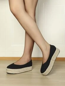 Minimalist Canvas Espadrille Flatform Shoes - Black - View 6