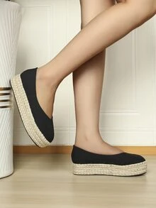 Minimalist Canvas Espadrille Flatform Shoes - Black - View 7