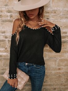 SHEIN LUNE Cold Shoulder Pearls Beaded Tee - Black - View 2