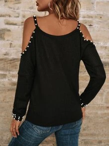 SHEIN LUNE Cold Shoulder Pearls Beaded Tee - Black - View 3
