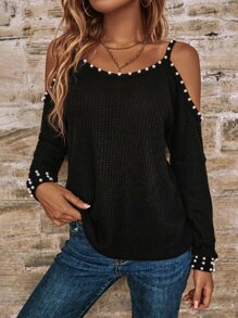 SHEIN LUNE Cold Shoulder Pearls Beaded Tee - Black - View 1
