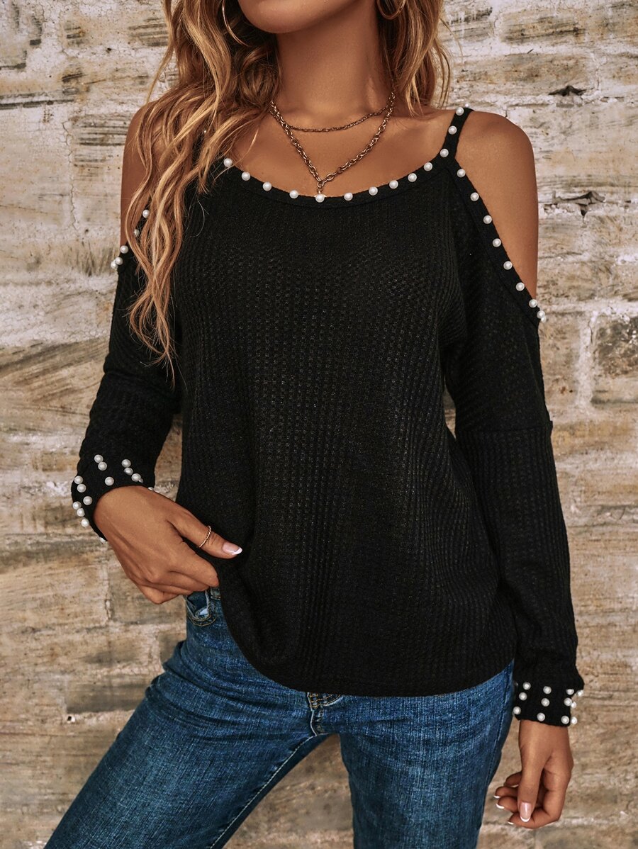 SHEIN LUNE Cold Shoulder Pearls Beaded Tee - Black - View 1