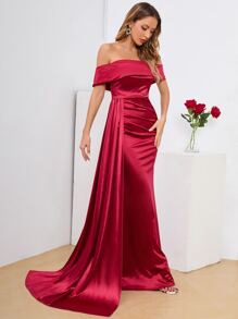 Off The Shoulder Draped Satin Dress - Burgundy - View 1