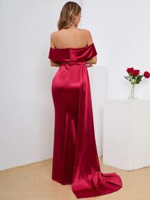 Off The Shoulder Draped Satin Dress - Burgundy - View 2