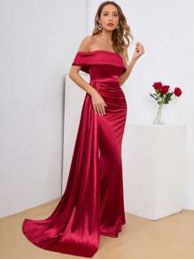 Off The Shoulder Draped Satin Dress - Burgundy - View 3