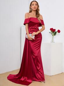 Off The Shoulder Draped Satin Dress - Burgundy - View 5