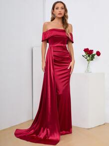 Off The Shoulder Draped Satin Dress - Burgundy - View 6