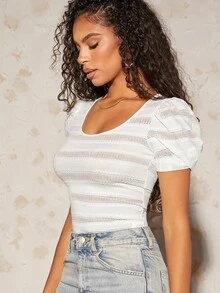 SHEIN Scoop Neck Puff Sleeve Tee - White - View 3