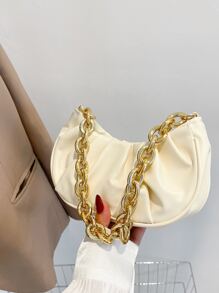 Minimalist Chain Ruched Bag - Beige - View 1