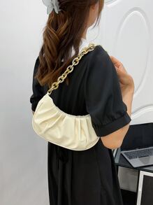 Minimalist Chain Ruched Bag - Beige - View 2