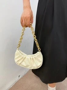 Minimalist Chain Ruched Bag - Beige - View 6