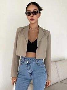 DAZY 纯色短款商务休闲西装外套 - 卡其色 - 查看 5