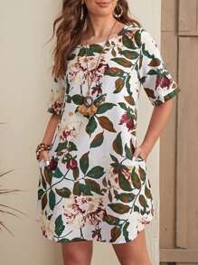 SHEIN LUNE Vestido Tipo Túnica Con Bolsillo En Diagonal Con Estampado De Plantas - Multicolor - Ver 1