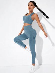 Yoga Basic Set bộ đồ thể thao Túi Xù màu trơn - Màu xanh bụi bặm - Xem 2