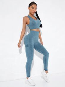 Yoga Basic Set bộ đồ thể thao Túi Xù màu trơn - Màu xanh bụi bặm - Xem 4