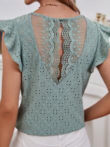 SHEIN Frenchy Eyelet Embroidery Contrast Guipure Lace Ruffle Sleeve Tee Summer Green Casual - Mint Green - View 1