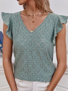SHEIN Frenchy Eyelet Embroidery Contrast Guipure Lace Ruffle Sleeve Tee Summer Green Casual - Mint Green - View 2