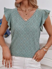 SHEIN Frenchy Eyelet Embroidery Contrast Guipure Lace Ruffle Sleeve Tee Summer Green Casual - Mint Green - View 5