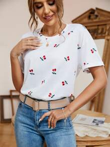 SHEIN Frenchy Strawberry Print Drop Shoulder Tee For Summer Women's Summer Solid Color V-Neck Short Sleeve Casual T-Shirt, Fall Clothes, Back To School Clothes, Teacher Outfits, Usa Top, Old Money Style, White Women Dresses, Teacher T Shirt