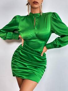 SHEIN BAE Mock Neck Keyhole Back Puff Sleeve Ruched Bodycon Dress - Green - View 3