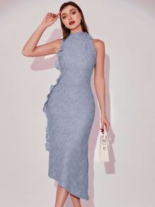 Modelyn Lettuce Trim Textured Dress - Dusty Blue - View 1