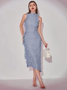 Modelyn Lettuce Trim Textured Dress - Dusty Blue - View 4