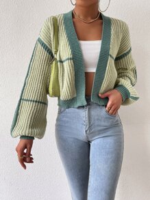 Flirla Contrast Trim Lantern Sleeve Duster Cardigan,Long Sleeve Tops Fall Winter Cloth For Women - Green - View 3