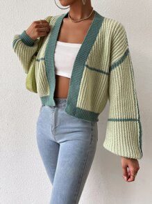 Flirla Contrast Trim Lantern Sleeve Duster Cardigan,Long Sleeve Tops Fall Winter Cloth For Women - Green - View 6