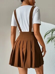 SHEIN Qutie 素色百褶背帶半身裙 - 棕色 - 查看 6
