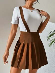 SHEIN Qutie 素色百褶背帶半身裙 - 棕色 - 查看 3