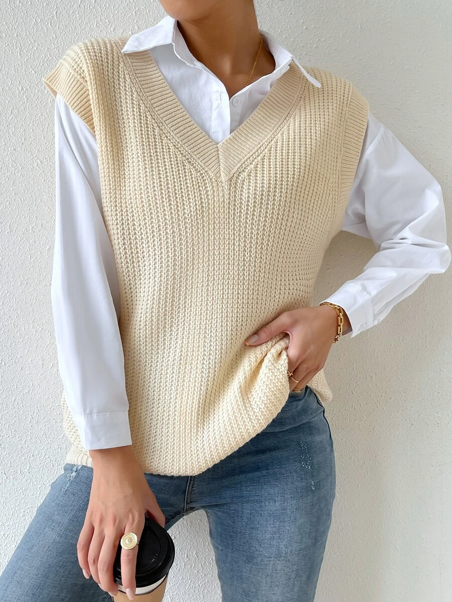 條紋針織毛衣背心不帶襯衫 - 米色 - 查看 1