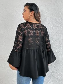 Plus Flounce Sleeve Lace Smock Top - Black - View 1
