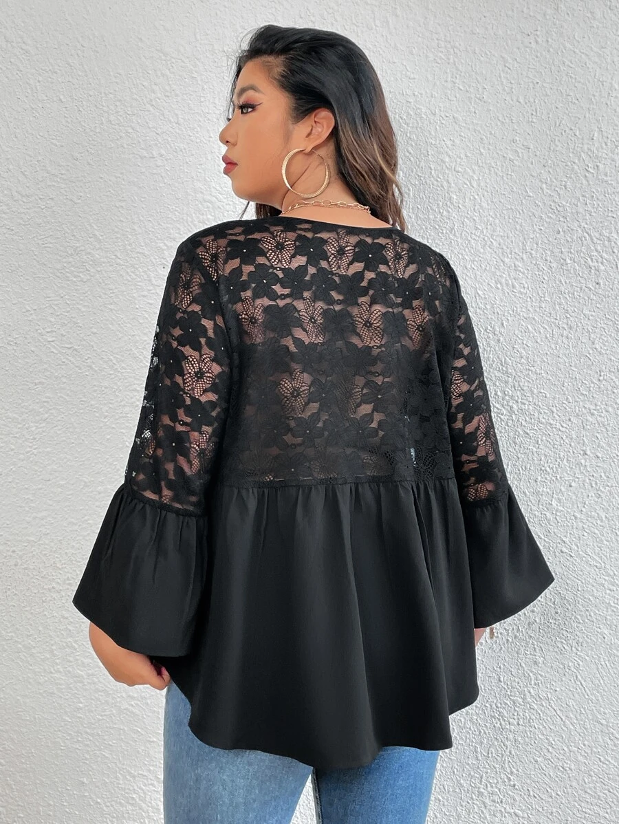 Plus Flounce Sleeve Lace Smock Top - Black - View 1