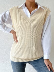 條紋針織毛衣背心不帶襯衫 - 米色 - 查看 4