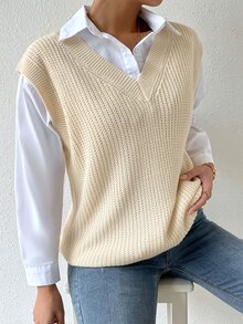 條紋針織毛衣背心不帶襯衫 - 米色 - 查看 5