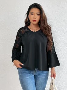 Plus Flounce Sleeve Lace Smock Top - Black - View 3