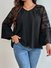 Plus Flounce Sleeve Lace Smock Top - Black - View 4