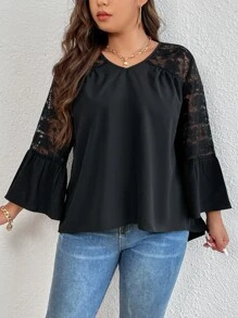 Plus Flounce Sleeve Lace Smock Top - Black - View 5