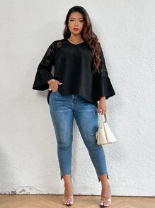 Plus Flounce Sleeve Lace Smock Top - Black - View 6