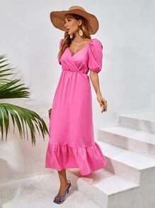 Vestido Con Volantes En El Bajo Y Mangas Abullonadas - Rosa - Ver 1