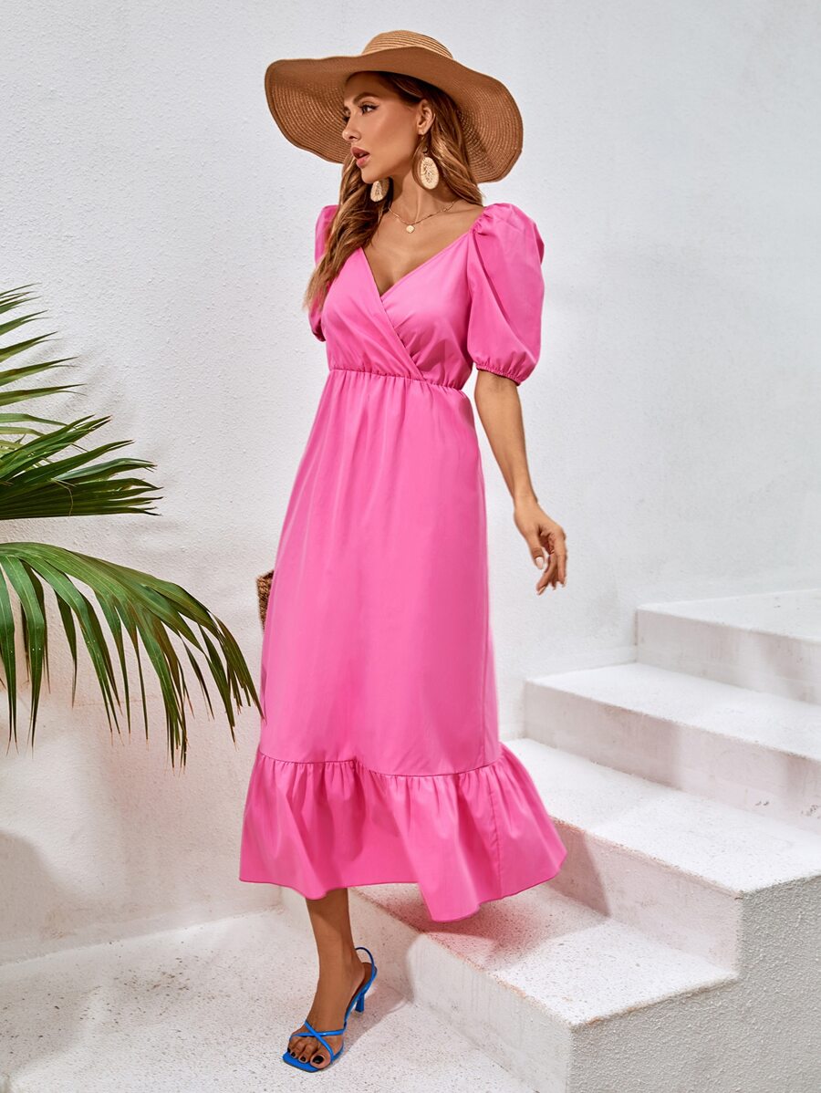Vestido Con Volantes En El Bajo Y Mangas Abullonadas - Rosa - Ver 1