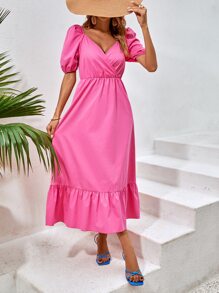 Vestido Con Volantes En El Bajo Y Mangas Abullonadas - Rosa - Ver 3