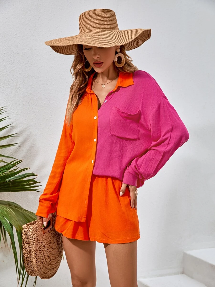 SHEIN Unity Two Tone Patched Pocket Drop Shoulder Shirt & Shorts - Multicolor - View 1