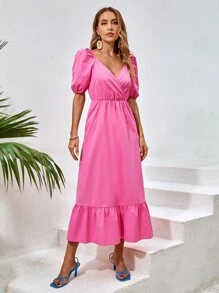 Vestido Con Volantes En El Bajo Y Mangas Abullonadas - Rosa - Ver 4