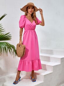 Vestido Con Volantes En El Bajo Y Mangas Abullonadas - Rosa - Ver 6