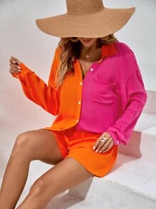 SHEIN Unity Two Tone Patched Pocket Drop Shoulder Shirt & Shorts - Multicolor - View 4
